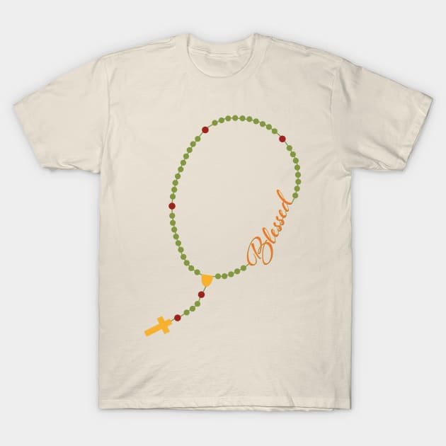 Blessed Colorful Rosary Fall Typography Thanksgiving T-Shirt by Brasilia Catholic